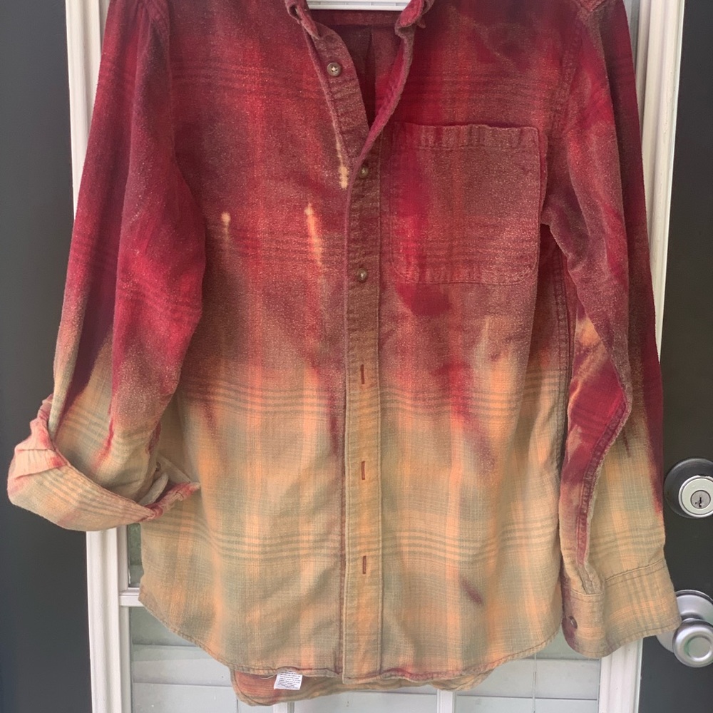 Red plaid cabellas shirt: bleached.